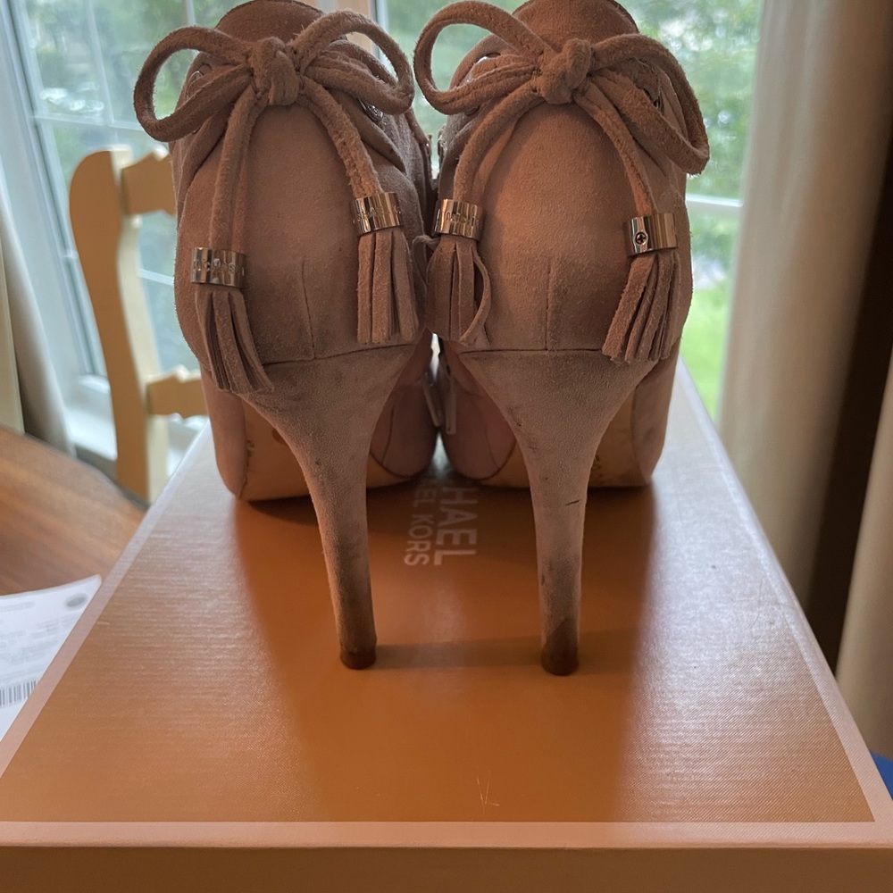 Sand colored high heeled open toe bootie shoe